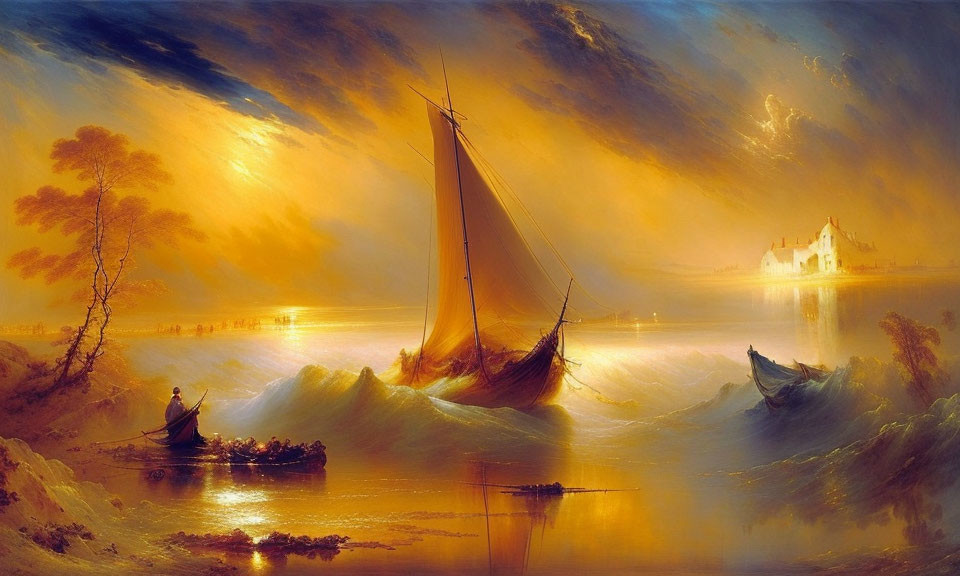 Sunset painting with sailboat, rowboats, and castle in golden light