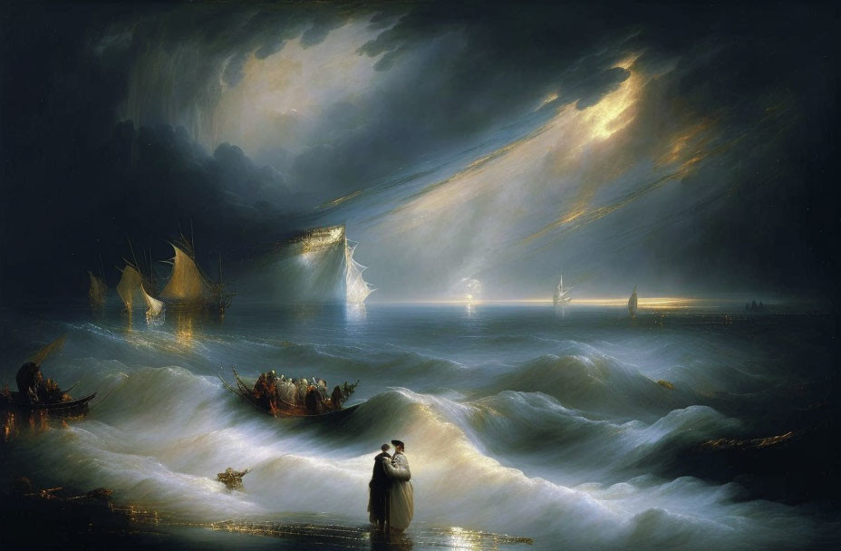 Romantic painting of couple by sea watching ships on turbulent waters