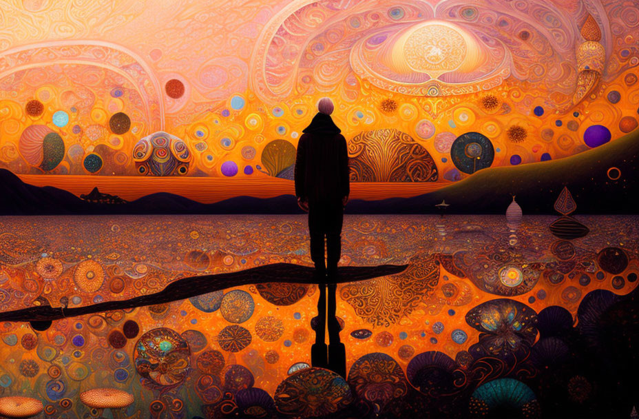 Silhouette person on reflective surface views vivid psychedelic landscape