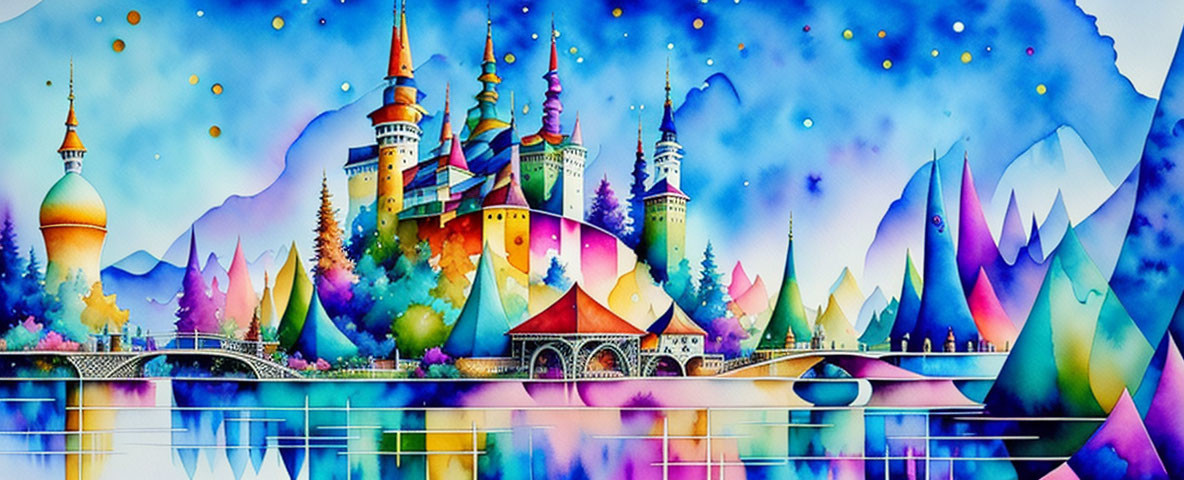 Whimsical fantasy landscape with castle, bridge, and colorful mountains