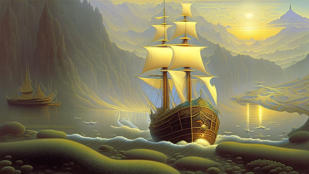 Illustration of tall ships in calm waters near towering cliffs under a golden sky.