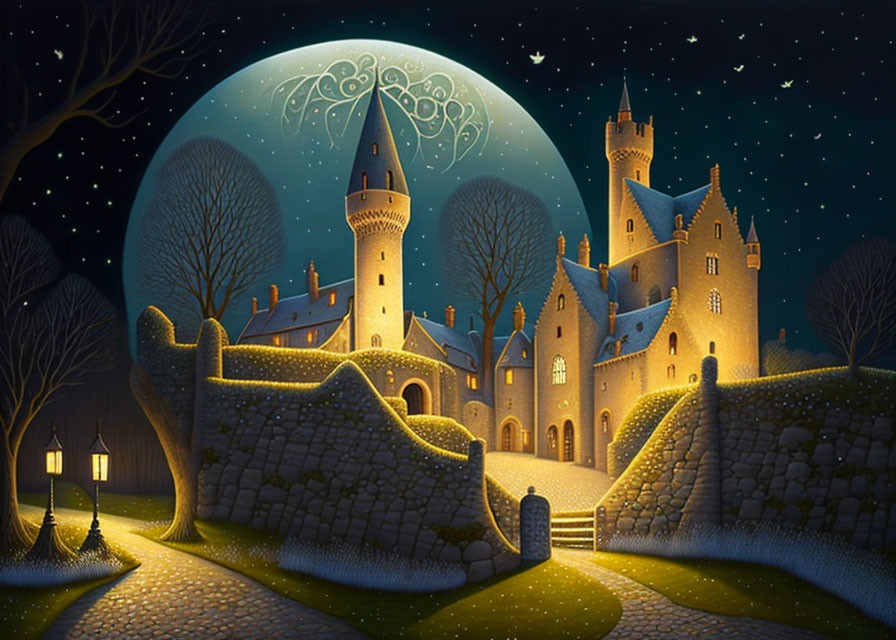 Luminous castle under moonlight in serene landscape