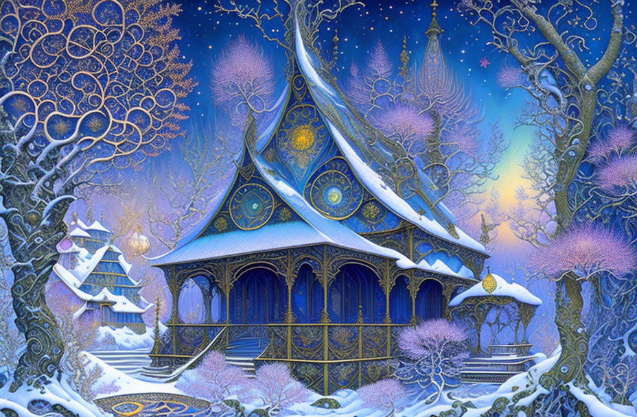 Ornate blue-roofed gazebo in snowy winter scene