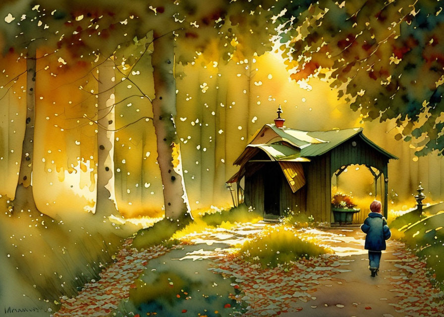 Child walking to cozy gazebo in autumn forest with sun rays.