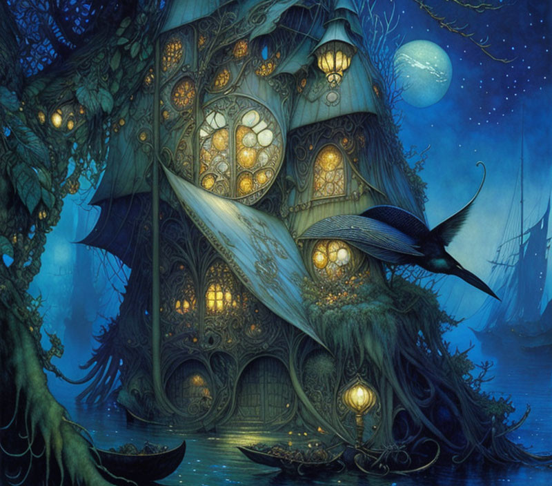 Enchanted fantasy treehouse in moonlit forest with glowing windows