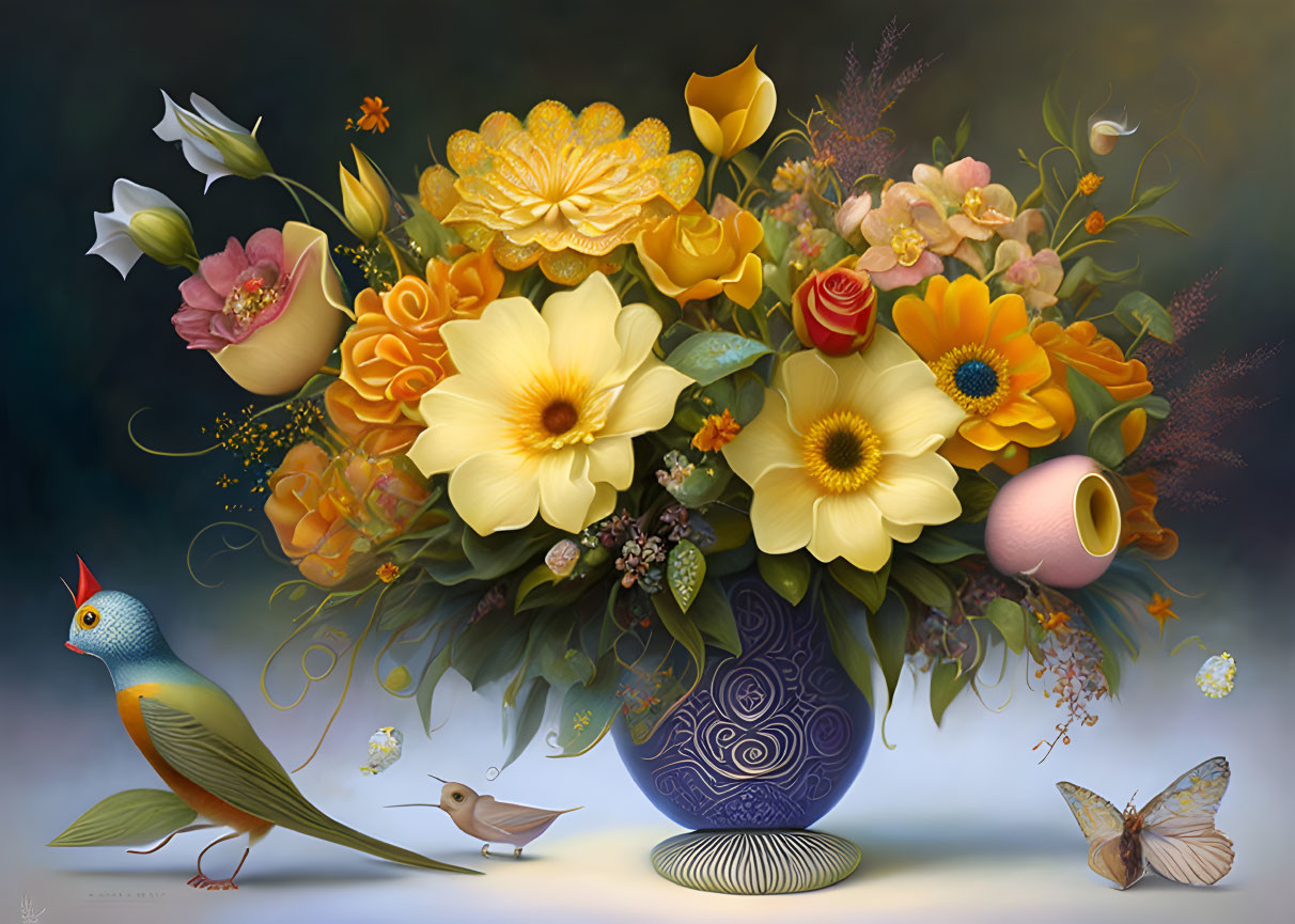 Colorful digital artwork featuring bouquet with yellow and pink flowers in decorative vase.