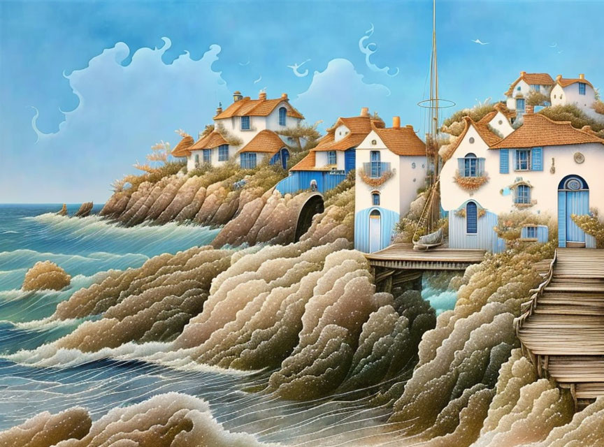 Coastal village illustration with wave-shaped rooftops above ocean waves