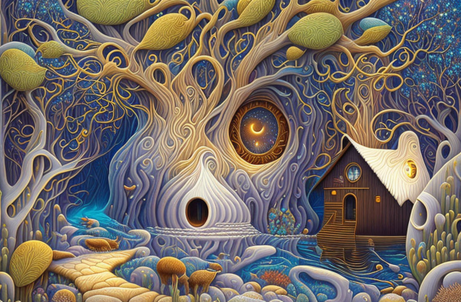 Vibrant fantasy landscape with tree-like structures, starry sky, mountains, house, and eye