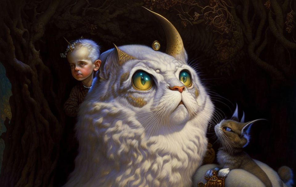 Fantasy illustration of white horned cat, small cat, and child with crown in dark forest