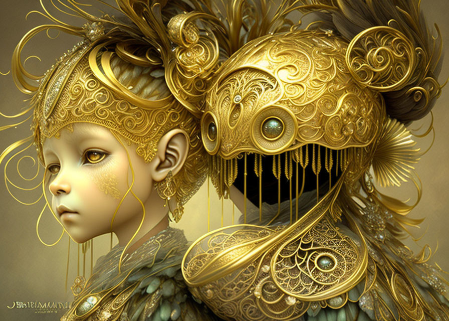 Intricate golden headgear and armor with filigree and feathers