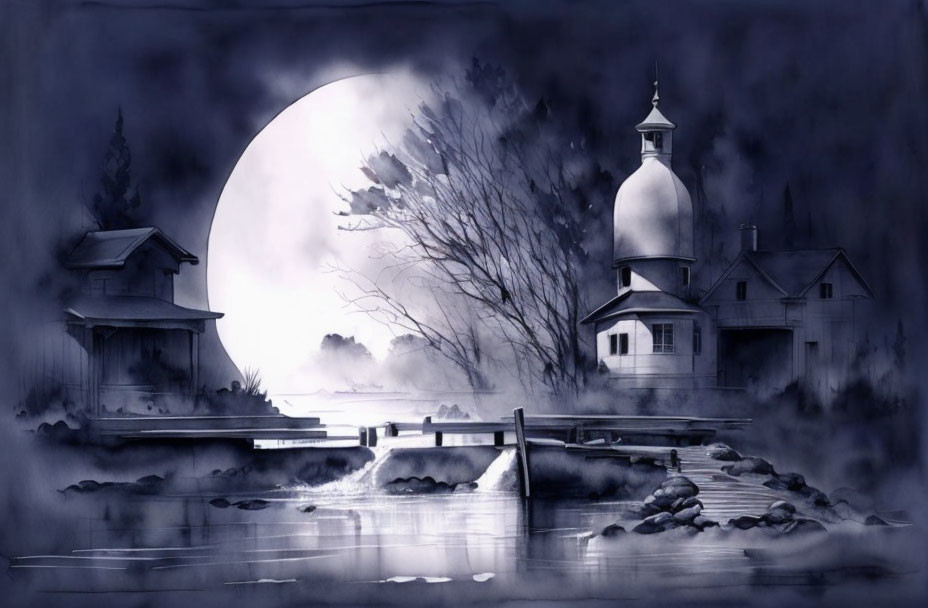 Monochromatic artwork of riverside buildings, dome, moon, and trees