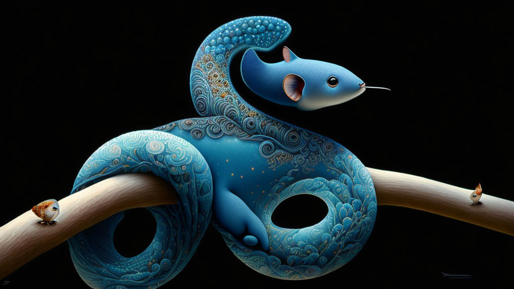 Stylized blue rodent with intricate patterns on body posing with miniature versions on branches