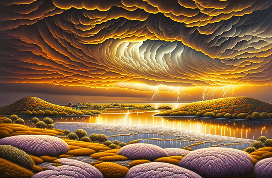 Surreal landscape with undulating clouds, lightning bolts, reflective water, and colorful hills under orange