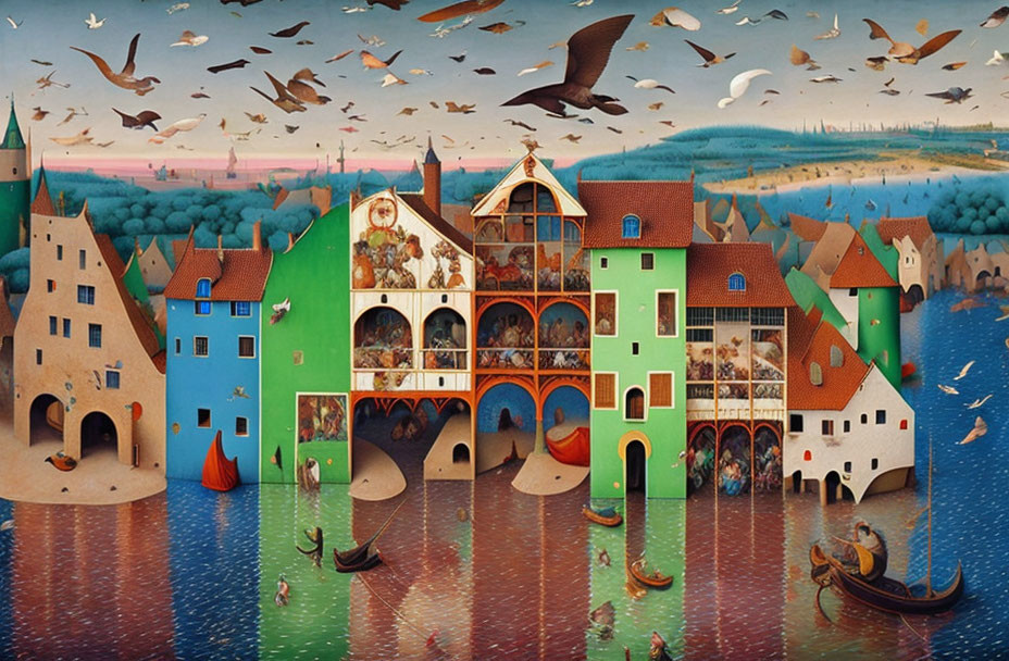 Vibrant medieval town painting with whimsical elements