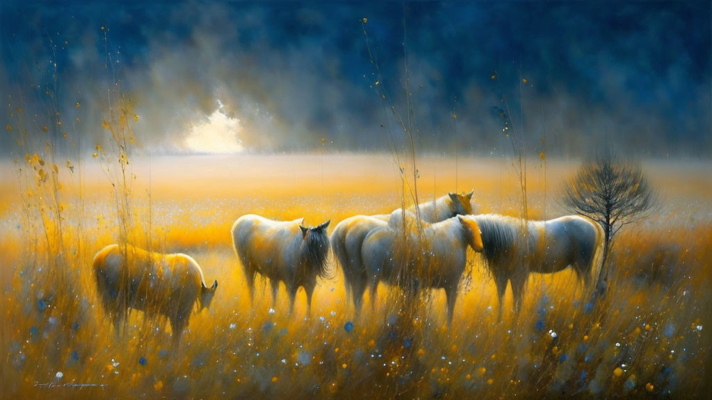 Tranquil painting: Five horses in golden field at dusk