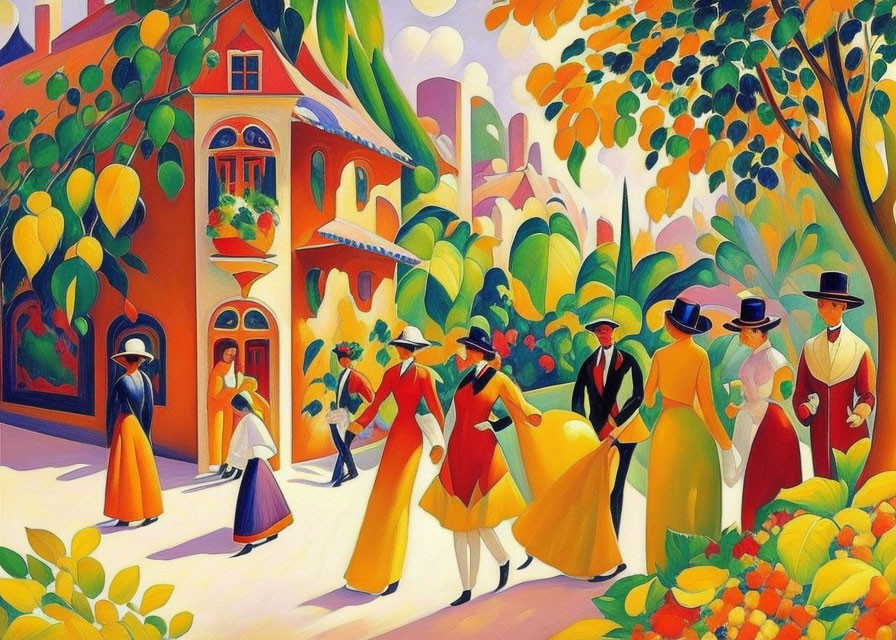 Colorful painting of elegantly dressed people near orange trees & vibrant buildings.