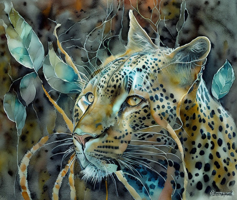 Detailed Leopard Face Watercolor Painting with Foliage in Green and Blue