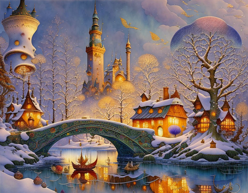 Winter fairy tale castle with glowing windows and frozen river bridge