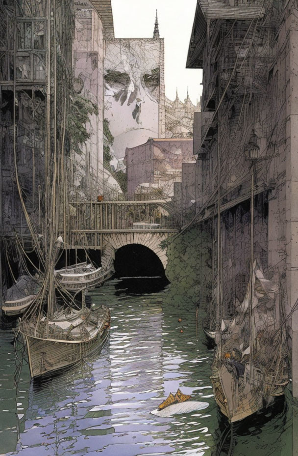 Tranquil canal scene with moored boats, bridge, and old European buildings.