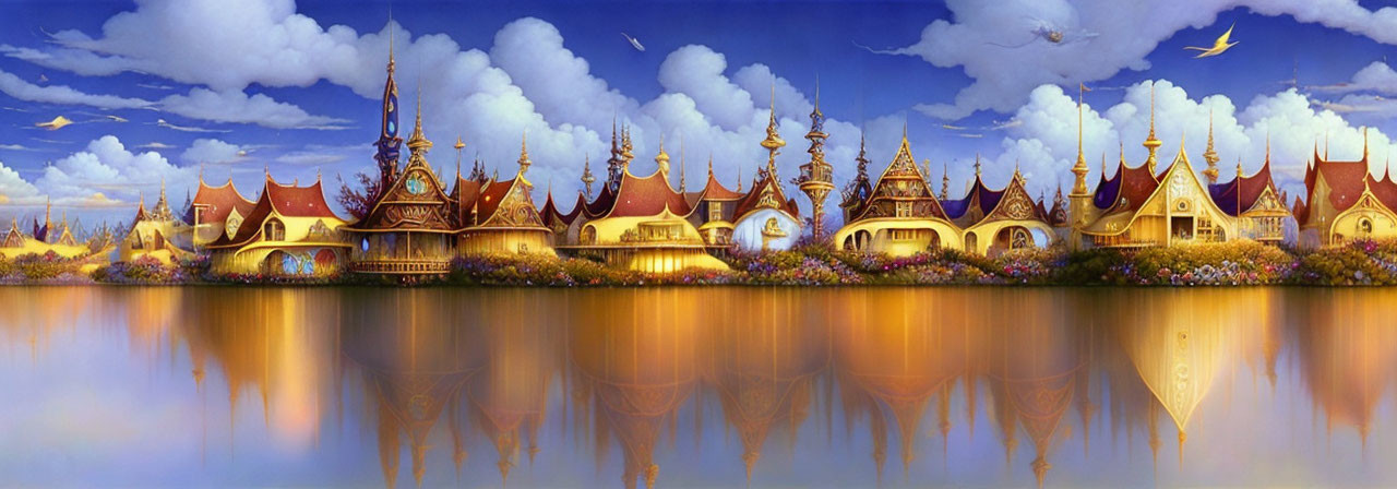 Panoramic fantasy landscape with ornate buildings, reflecting water, fluffy clouds, flying bird