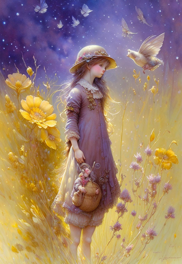 Young girl in vintage dress and hat in golden field with flowers, bird, butterflies, starry sky