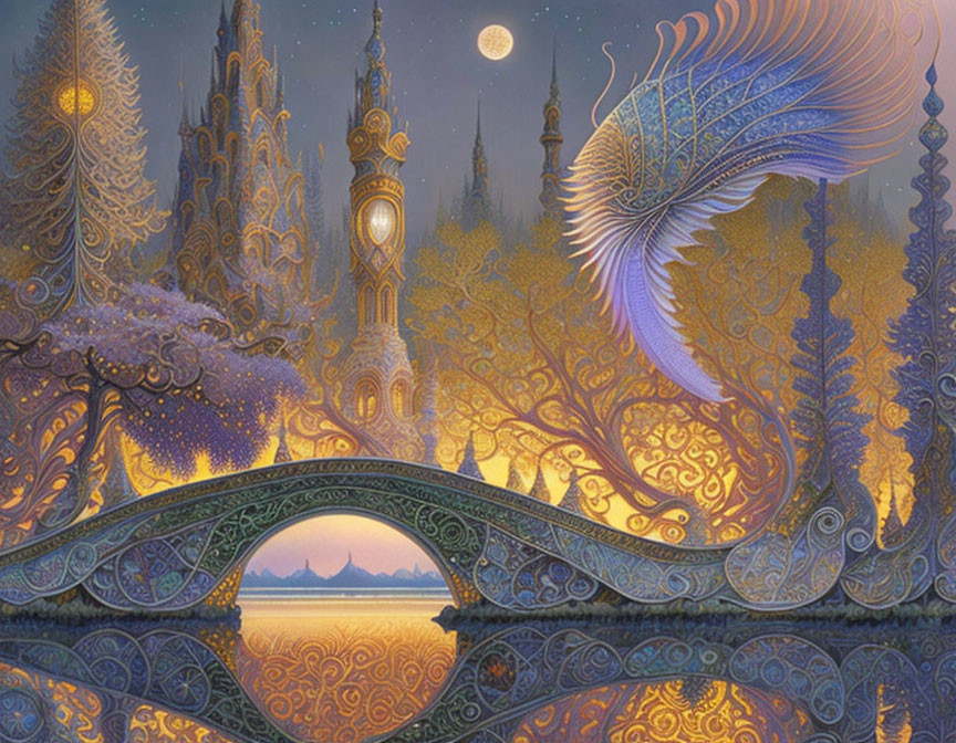 Fantasy landscape with ornate trees, bridge, castle, bird under starry sky