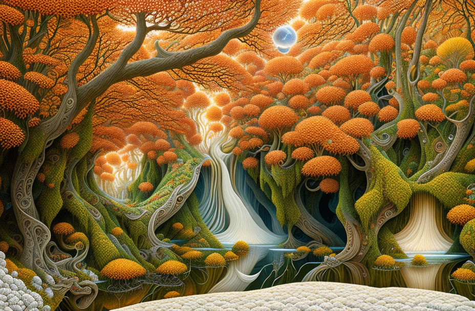 Surreal landscape with orange foliage trees, white rivers, and golden sky