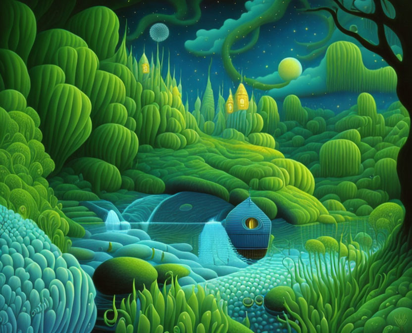 Colorful landscape with bushy trees, illuminated houses, stream, and night sky with orbs