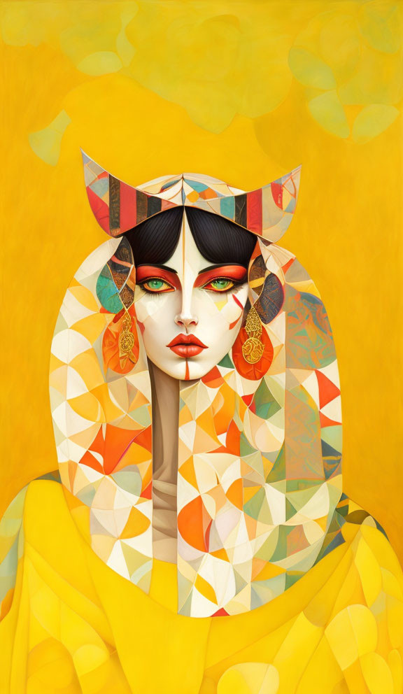 Stylized portrait of woman with cat-like features and geometric patterns on warm yellow background