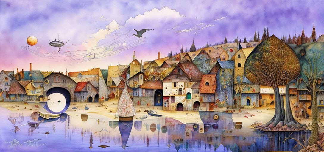 Fantastical village painting with zeppelin, fish, and whimsical buildings