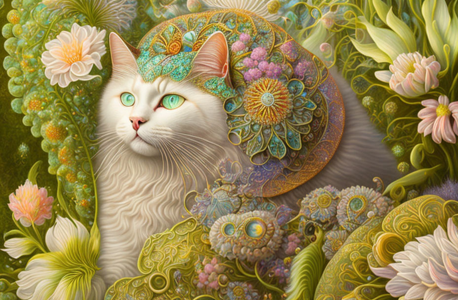 White Cat with Green Eyes in Colorful Headdress and Ornate Background