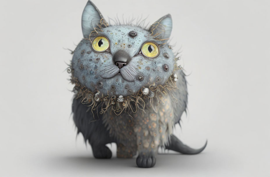 Whimsical digital artwork of a cat with blue-grey skin and mechanical elements