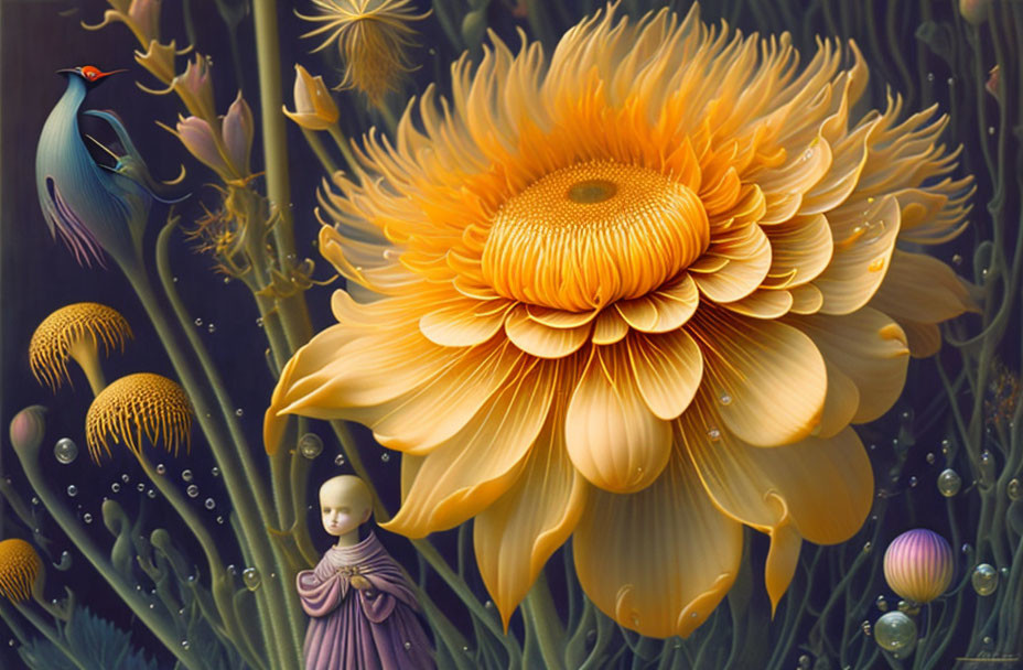 Colorful Artwork: Large Yellow Flower with Surreal Elements
