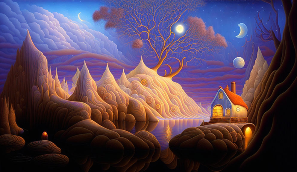 Enchanting nightscape with glowing cottage, lake, hills, two moons, and magical tree