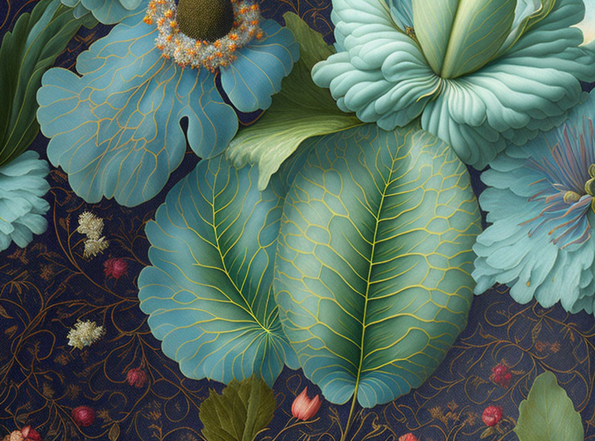 Detailed Botanical Digital Artwork in Blue and Green Hues