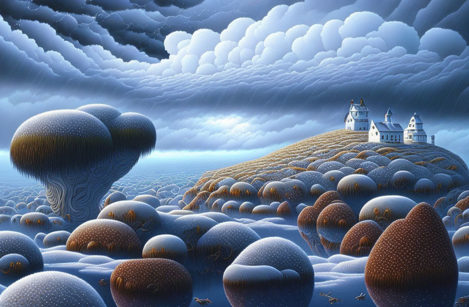 Fantastical landscape with mushroom-shaped hills and distant castle