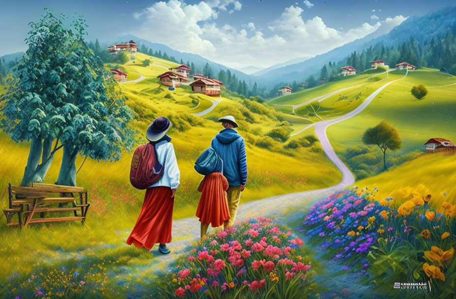 Vibrant flower-filled meadow with individuals walking towards quaint houses