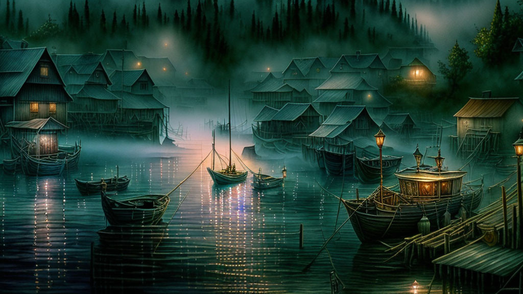 Misty lantern-lit lake village with wooden houses and boats