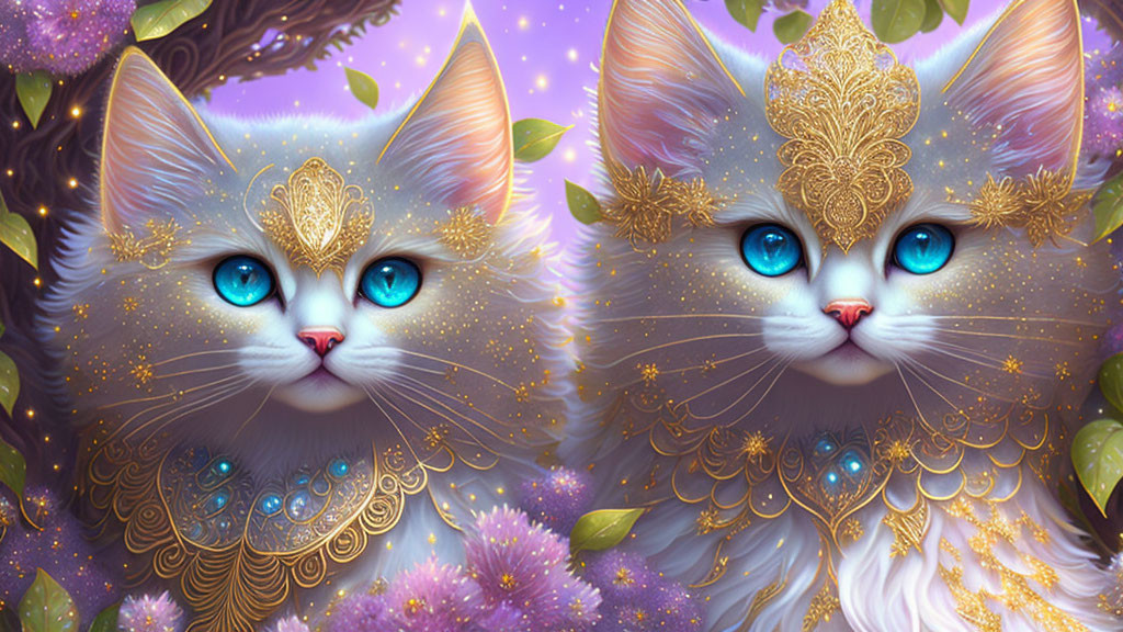 Fantastical blue-eyed cats with golden adornments in blooming tree landscape