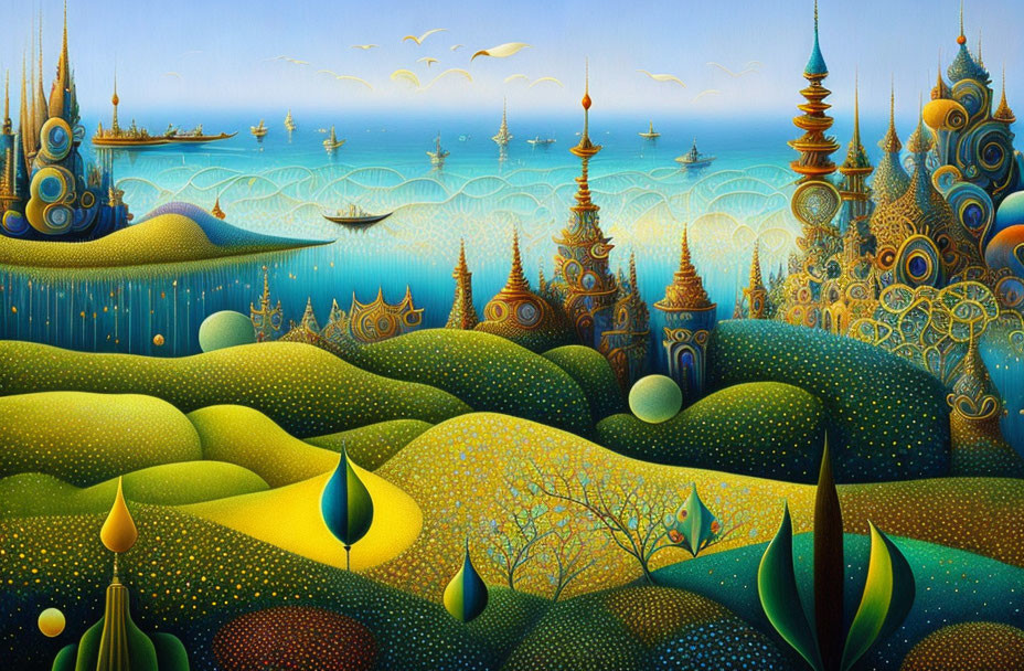 Surreal landscape with stylized hills, fantastical architecture, calm sea, birds in flight