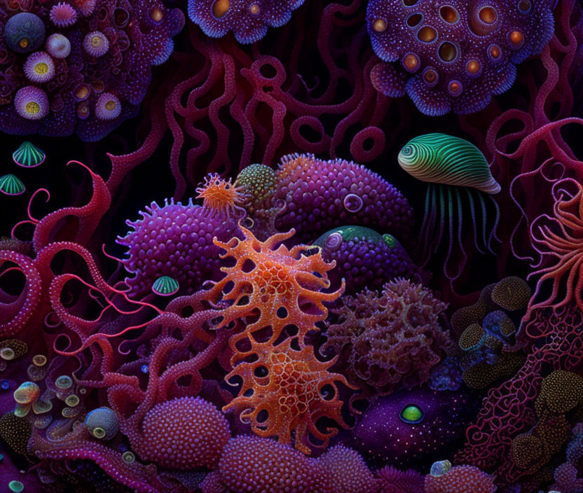 Colorful underwater scene with green-striped fish, coral, anemones, and marine life in purple