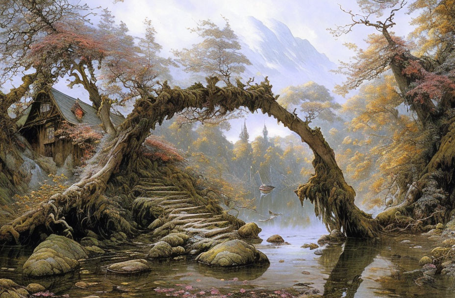 Tranquil landscape with tree bridge, hut, boat, autumn trees, mountains