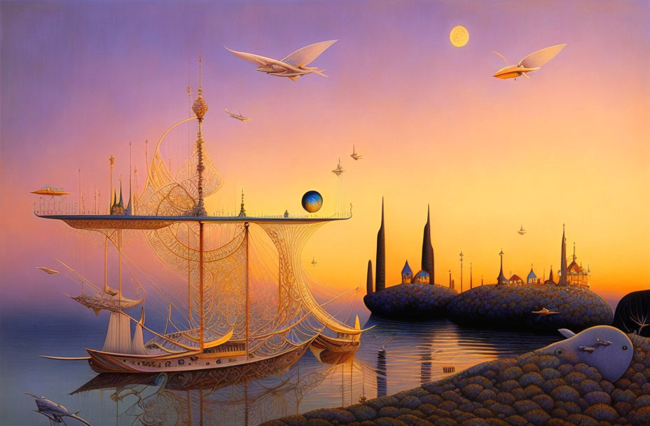 Surreal painting of ship, floating islands, birds, purple-orange backdrop