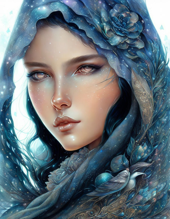 Illustrated portrait of woman with blue hair and scarf, floral motif and cosmic background.