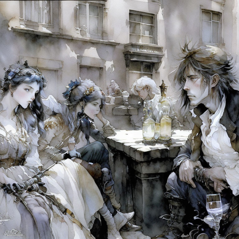 Victorian-era-inspired illustration of three elegantly dressed individuals at a small table in urban setting