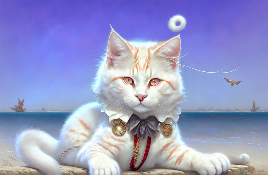 White and ginger cat with ruffled collar and medallion by the sea with fish and ships.