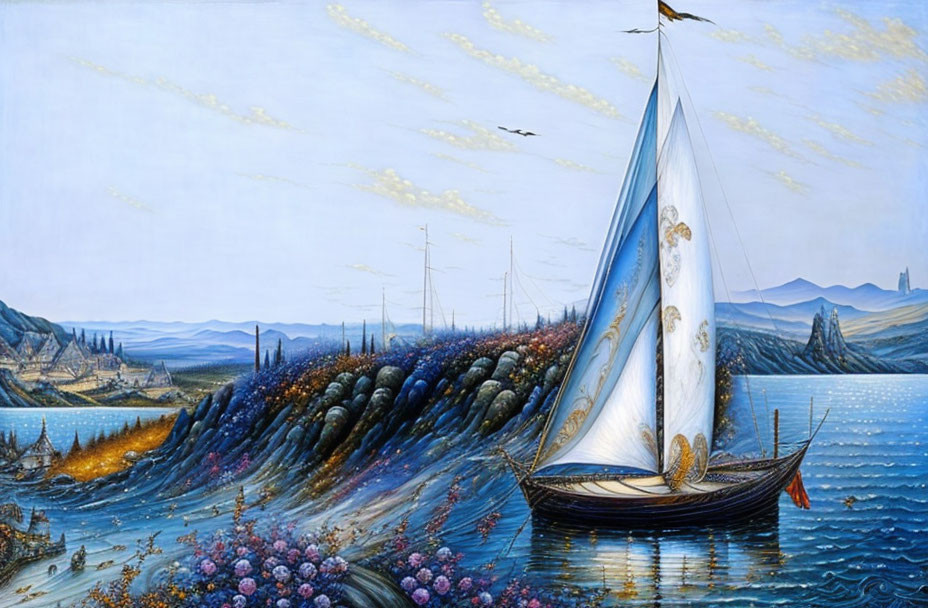 Sailboat on calm sea with fish, surreal landscapes, and birds