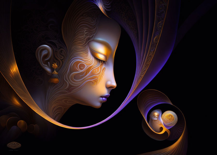 Surreal digital artwork: stylized female figure with golden highlights and intricate patterns on dark backdrop