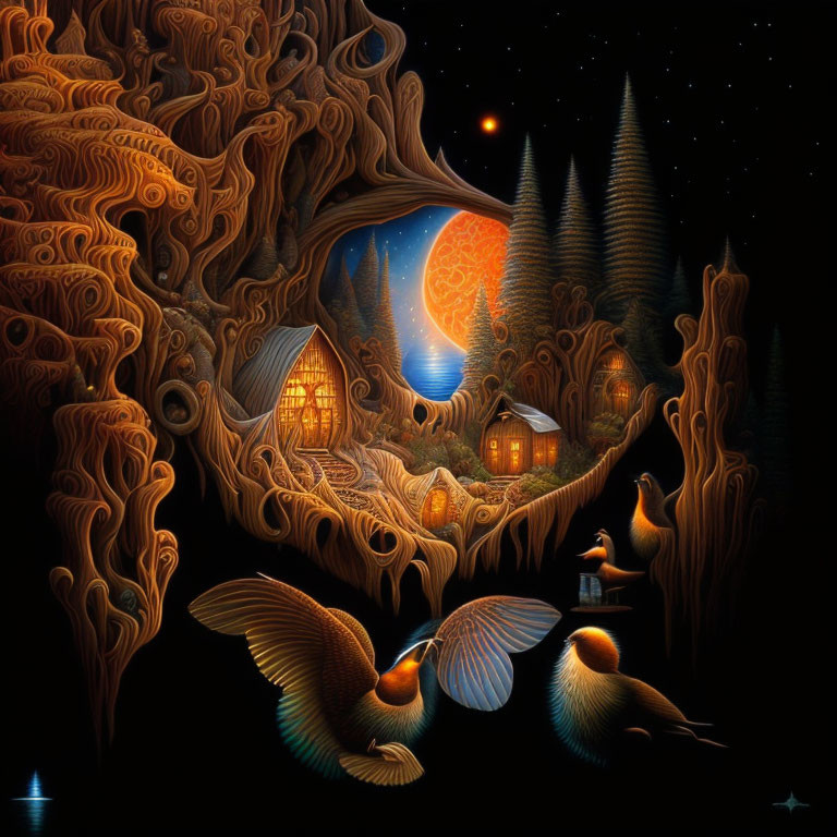 Whimsical tree with celestial backdrop and cozy houses in fantasy artwork