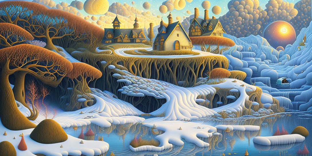 Surreal landscape with seasonal blend: whimsical trees, golden sunset, traditional houses, meandering